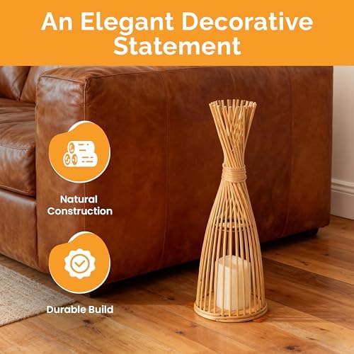 Vintiquewise Hand-Woven Tall Bamboo LED Floor Standing Lantern – Bohemian Wicker Decorative Lamp and Farmhouse Accent for Living Rooms Entryways Patios and Garden, Large - Image 6