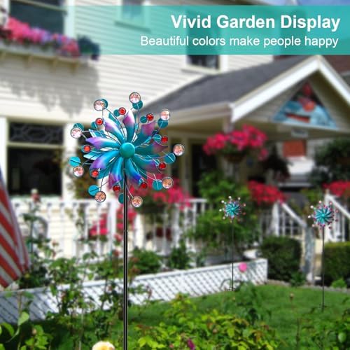 360°Solar Wind Spinner with Lights Blue Metal Garden Outdoor Decor Yard Lawn Art Decor for Patio Kinetic Windmills Unique Gifts for Friends and Family 60.63'' H x 13.38'' Dia - Image 2