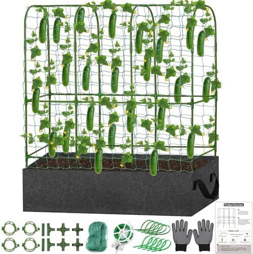 U-Shape Cucumber Trellis with Fabric Raised Garden Bed 65x50 Inch Metal Garden Arch Trellis with Net, Climbing Plants Vegetables Heavy-Duty Outdoor Plant Support for Pea, Grape, Squash, Tomatoes by LifeisLuck