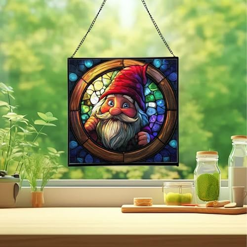 Stained-Glass Window Gnome Stained Glass Suncatcher – Square Hanging Window Panel for Home or Greenhouse – Whimsical Glass Art Gift for Garden Lovers, Christmas, Halloween, Father Days f4NVcT - Image 2