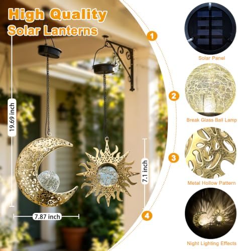 Solar Sun & Moon Lanterns Set, Hanging Decor for Garden, Gifts for Grandmom - Image 2