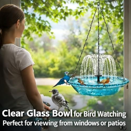 Solar Cascade Hanging Bird Bath Fountain, Solar Powered Hanging Bird Bath Fountain with Solars Pump & Glass Bowl, Large Solar Cascade Fountain for Outdoor, Gardens (Blue) - Image 2