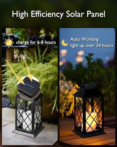 Homemory 2 Pack 13'' Black Solar Lanterns, Flickering Flame Hanging Lights - Image 4