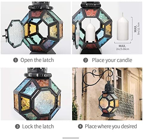 Lewondr Retro Iron Ramadan Candle Lantern, Portable Moroccan Wrought Iron Stained Glass Candle Holder Hanging Lamp Horse Light Wind Lantern for Home Decor Ramadan – Black + Colorful - Image 6