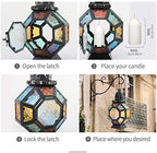 Lewondr Retro Iron Ramadan Candle Lantern, Portable Moroccan Wrought Iron Stained Glass Candle Holder Hanging Lamp Horse Light Wind Lantern for Home Decor Ramadan – Black + Colorful - Image 6
