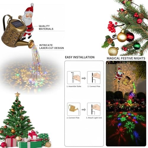 Christmas Solar Kettle Lights Garden Lawn Decorative Lights, Hanging Metal Solar Santa Claus Watering Can Light, Twinkling Santa Kettle Lights for The Season, for Pathway Yard Patio (Colored*2) - Image 5