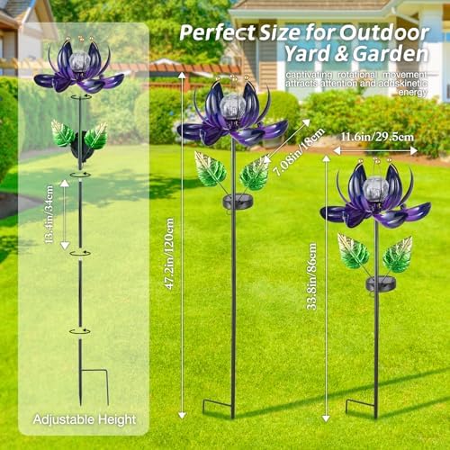 AIINY Solar Purple Metal Flower Wind Spinners, Colorful Spinning Windmill Lotus Yard Art Lights with LED Crystal Ball Decorative Stake Lighting Flower Sculpture - Image 2