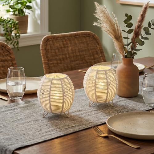 JHY DESIGN Cordless Table Lamps Set of 2, 6.5" H Battery Operated Woven Cotton Rope Lamps with 6 Hours Timer, Boho Bedside Lamps for Bedroom Living Room Home Parties Patio Events(White) by JHYDESIGN
