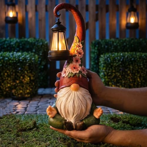 Solar Garden Gnome Statue, 13.1 Inch Zen Gnome with Lantern for Yard Decor by Roundot