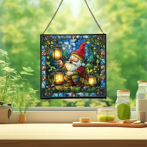 Gnome with Firefly Lanterns Stained Glass Suncatcher – Square Hanging Window Panel for Home, Garden, Nursery, Halloween, Christmas, Memorial Day – Whimsical Glass Art Gift for Gnome Lovers yb570v - Image 2