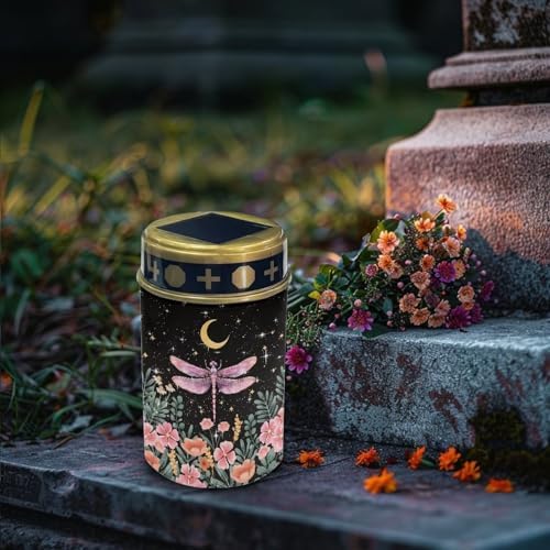 Poceacles Outdoor Cemetery Grave Decor - Solar Memorial Lights - Waterproof Stake Lights - Grave Markers, Pink Dragonfly Flower Moon, Pack of 4 - Image 3