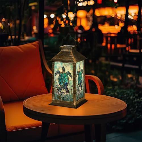 Solar Lanterns Outdoor Waterproof Graceful Teal Stained Glass Sea Turtle Illustrated Anemones Hanging Solar Light Outside Lights for Patio Yard House Lawn Decor Birthday Gifts for Women Mom - Image 3