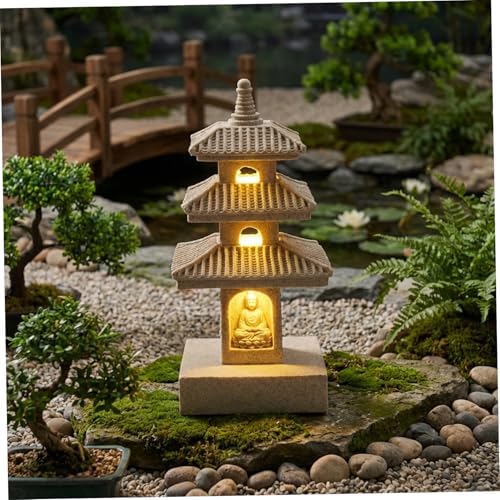 Pagoda Garden Statue, 10 Inch Weatherproof Solar Garden Decor, LED Light Zen Japanese Lantern for Backyard Balcony Patio Lawn Yard, Khaki, Pagoda Statue, Décor by Unknown