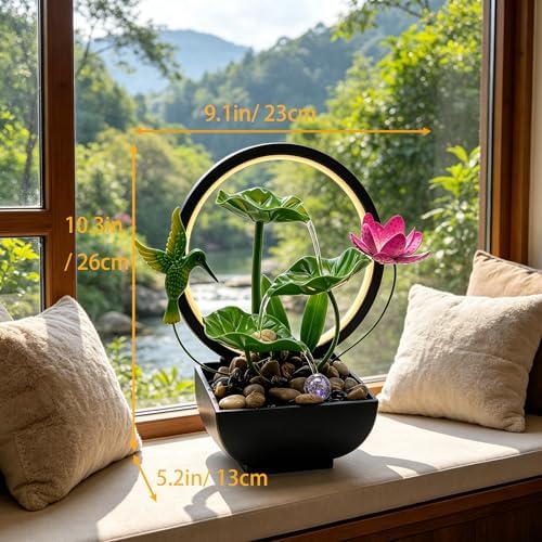 Tabletop Fountain,Indoor Water Fountain,Home Fengshui Décor Zen Relaxation Soothing Sound Machine for Office,Living Room,or Bedroom,Green Lotus,Hummingbird & Pink Flower,10.2inch - Image 2