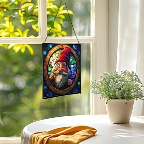 Stained-Glass Window Gnome Stained Glass Suncatcher – Square Hanging Window Panel for Home or Greenhouse – Whimsical Glass Art Gift for Garden Lovers, Christmas, Halloween, Father Days f4NVcT - Image 3