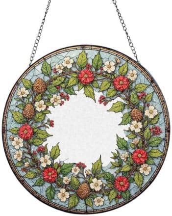 Floral Wreath with Pinecones and Berries Stained Glass Suncatcher 9.8 Inch by Unknown
