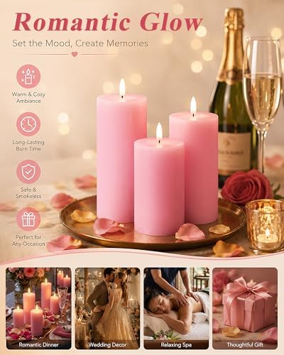 VIHOSE 6 Pack Pink Flameless Candles Set with Remote and Timer Flickering Flameless Battery Candles Flat Top LED Pillar for Wedding Outdoor Home Festival Decoration(D 3" H 6" 7" 8") - Image 4