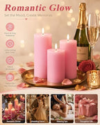 VIHOSE 6 Pack Pink Flameless Candles Set with Remote and Timer Flickering Flameless Battery Candles Flat Top LED Pillar for Wedding Outdoor Home Festival Decoration(D 3" H 6" 7" 8") - Image 4