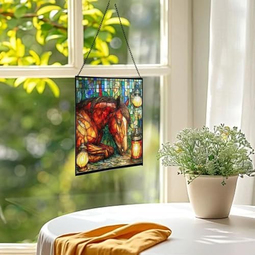 Bay Miniature Horse Curled Near Garden Lanterns Square Suncatcher – Stained Glass Style Window Panel with Pastoral Scene, Custom Decorative Hanging Art for Equestrian Home, Christmas w0YTNv - Image 3