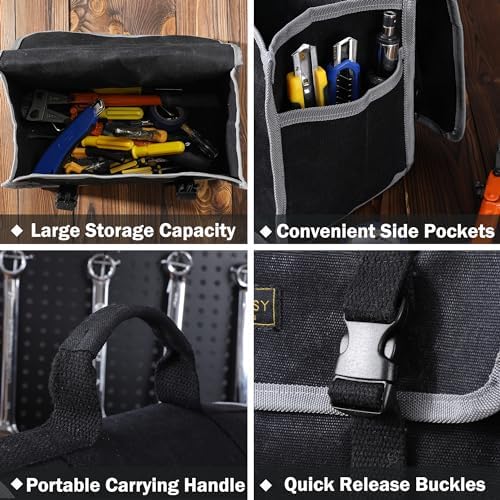 Tool Organizer Bag | 1 Large Pocket Storage Pouch & 2 Side Pockets & Canvas Handle, Heavy Duty 16oz Waxed Canvas Tote Bag, Reusable Tool Carrier for Hand Tools - 11.5"L x 6"W x 7.5"H - Black - Image 4
