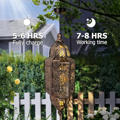 Hanging Solar Lantern Outdoor Decor, Moroccan Solar Lights for Outside Garden Decorations, Waterproof Metal LED Lanterns Garden Gifts for Mom, Women, Patio, Yard, Mother's Day（Cuboid-1 Pack） - Image 2