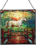 White Horse Trotting Across Bridge at Sunrise Square Suncatcher – Stained Glass Style Window Panel with Pastoral Scene, Custom Decorative Hanging Art for Equestrian Home, Christmas RWwXRI by Custom