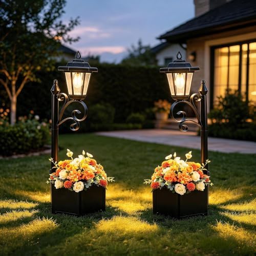 2Pack Solar Planter with Street Lamp Post 2-in-1, 75 cm, Black by DJGIFI
