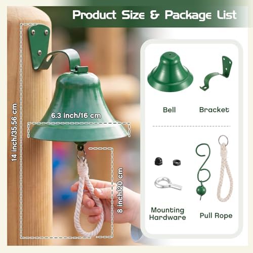 Sratte Green Iron Hanging Outdoor Dinner Bell, 6.3" Diameter Outdoor and Indoor Bell for Home with Rope and Mounting Hardware, Suitable for Courtyard Games School Garden Entry or Church Reception Wall - Image 5