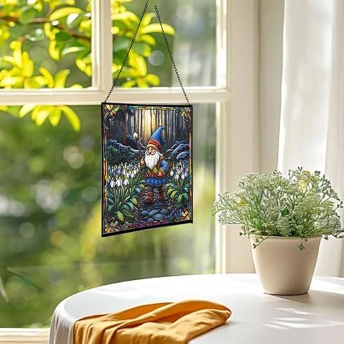 Snowdrop Gnome Walk Stained Glass Suncatcher – Square Hanging Window Panel for Home or Greenhouse – Whimsical Glass Art Gift for Garden Lovers, Christmas, Halloween, Father Days D9Mw7a - Image 3