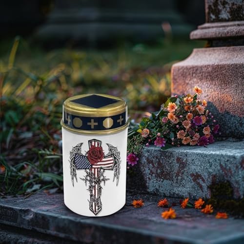 Poceacles Cross Solar Lights Outdoor Waterproof LED Flameless Candle Cemetery Solar Decorative Lights Walkway Lights Landscape Lighting for Outdoor Decor, Rose American Flag Wings Cross, Pack of 4 - Image 3