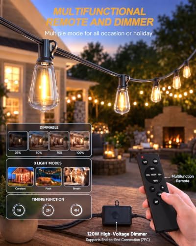 Outdoor String Lights 80FT, 50+3 Bulbs,120W Dimmer Romote, IP65 Waterproof - Image 3