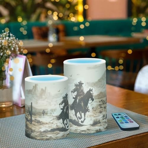 YETTASBIN Western Desert Cowboy Flameless Candles with Remote Control and Timer, Adjustable Brightness Long Lasting Battery Operated LED Pillar Candles for Indoor Outdoor Party Home Decor, 2 Pack - Image 6