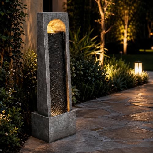 Outdoor Water Fountain, 39.37" Tall Resin Waterfall Fountain with LED Lights, Freestanding Modern Water Wall Fountain with Built-in Pump, Gray Stone-Look Patio Fountain for Garden, Porch, Backyard - Image 7