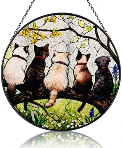 Cute Cat Stained Glass Suncatcher, Pet Theme Window Hanging Decor, Kitty Sun Catcher Ornament for Living Room, Animal Lover Memorial Gift 9.8 by Unknown