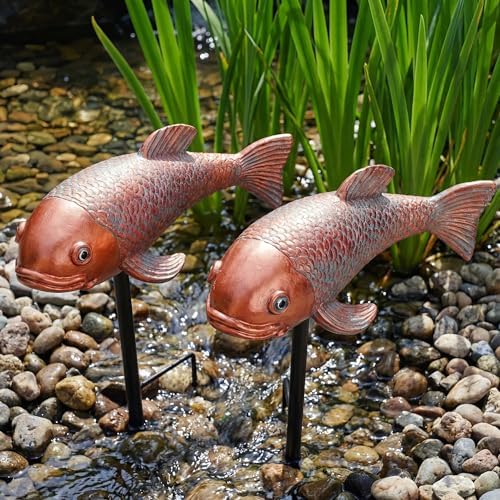 Set of 2 Antique Koi Statue - Resin Real Fish Garden Sculpture, Elegant Live Fish Pond Decor for Patio, Backyard,Unique Outdoor Ornaments - Image 2