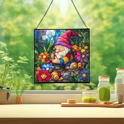 Gnome and Snail Friends Stained Glass Suncatcher – Square Hanging Window Panel for Home or Greenhouse – Whimsical Glass Art Gift for Garden Lovers, Christmas, Halloween, Father Days MKtJDN - Image 2
