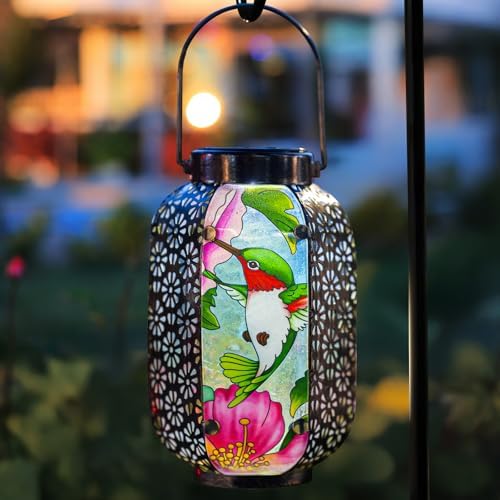 Hummingbird Solar Lantern Outdoor Hanging Lights – Waterproof Metal Garden Decor with Stained Glass, LED Solar Decorative Lamp for Patio, Yard, Porch, Pathway, Gardening Gifts for Mom, Grandma, Women by CYGX