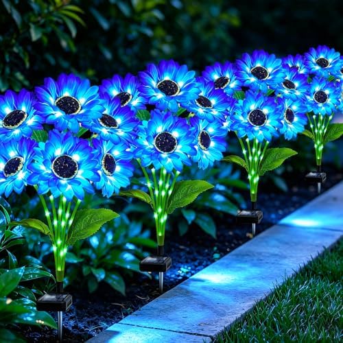 MRHEPHAESTUS Solar Garden Lights Outdoor, 4 Pack Solar Blue Sunflower Lights with 24 Head 3.5 Inch Flowers, Waterproof Flowers Light Fall Decor Auto ON/Off for Garden Yard Patio, Gifts for Mom Women by MRHEPHAESTUS