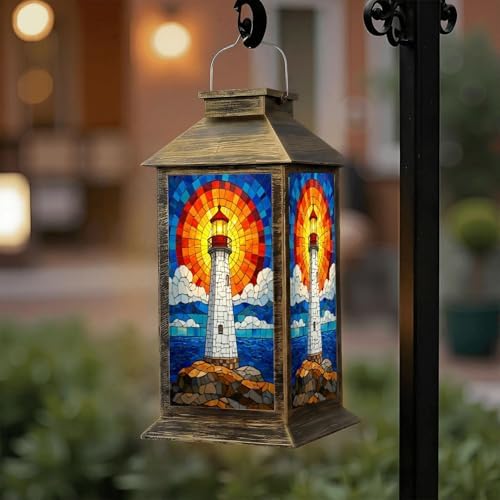 Solar Lantern Outdoor Waterproof Stained Glass Lighthouse Radiant Sunset Ocean Waves Garden Decor LED Hanging Solar Lights Tabletop Lamp Gifts for Women Mom Outside Yard Patio Porch by DERUINVAIO