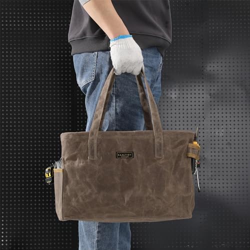 Tool Bag, Foldable Rectangular Hand Tool Storage Bag, 16OZ Waxed Canvas Tool Bag Case - with External Pockets + Sturdy Handles + Top Metal Bar - for Carpenter Repairman Gardener | Grey | 15"Lx7"Wx10"H - Image 7