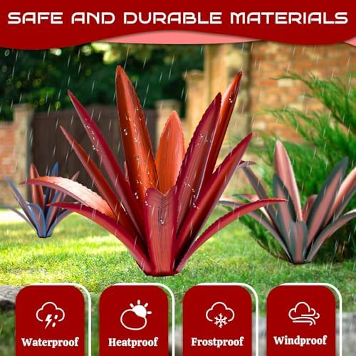 Large Tequila Rustic Sculpture, Rustic Metal Agave Plants for Outdoor Patio Yard Mexican Plant Garden， Agave Outdoor Lawn Ornaments Yard Stakes (Red 2pc) - Image 4