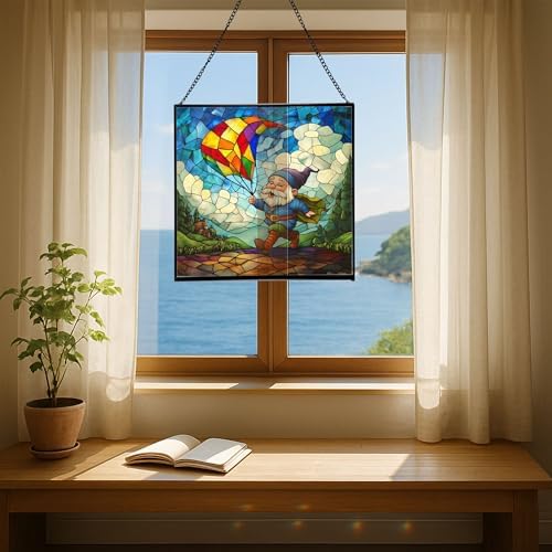 Gnome with Kite Flight Stained Glass Suncatcher – Square Hanging Window Panel for Home or Greenhouse – Whimsical Glass Art Gift for Garden Lovers, Christmas, Halloween, Father Days XEZq2D - Image 6