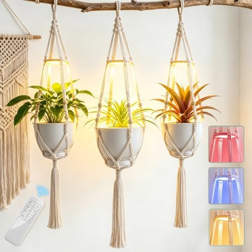 Huquary 3 Pack Macrame Hanging Plant Hanger with Grow Light,White by Huquary