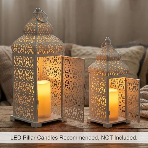 Vela Lanterns Decorative Indoor Moroccan Candle Holders, White, Set of 2 - Image 4