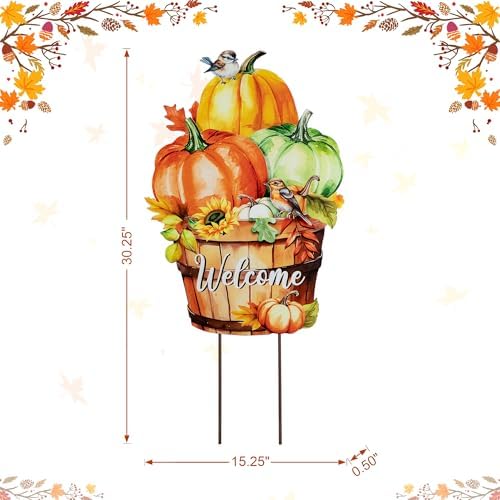 Glitzhome 30.25"H Fall Metal Pumpkins with Barrel Yard Stake/Hanging Wall Decor,Metal Pumpkin Barrel with Welcome Signs,Fall Harvest Porch Decorations for Thanksgiving Autumn Halloween Party Supplies - Image 2