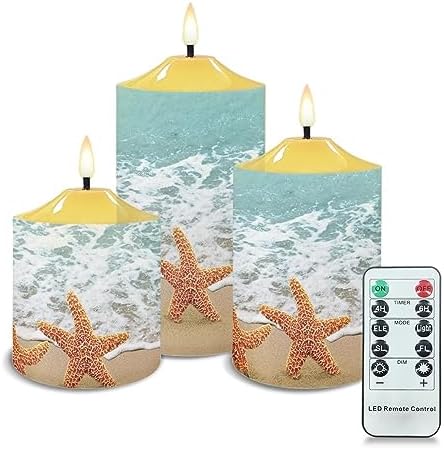 Cozeyat Flickering Flameless Candles with Remote Summer Beach Starfish Scenery Design LED Tea Lights 3 Pack, Candles Battery Operated Pillar LED Candles Table Centerpiece by Cozeyat