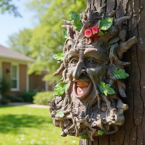 12" Real Tree Face Hugger Statue, Outdoor Garden Resin Bird Feeder Sculpture with Foliage Features, Fairy Elve Accent Yard Art, Halloween Trees Decorations Outdoor Wall Mounted Statue - Image 3