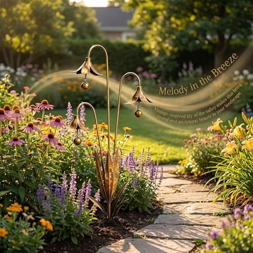 Flamed Copper Three Calla Lilies Garden Stake with Bells Metal Flower Wind Chime Outdoor Yard Art Decor for Patio (Gold) - Image 2
