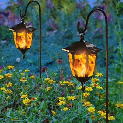 Dynaming 6 Pack Solar Flame Hanging Lights Outdoor, Halloween Solar Flickering Flame LED Garden Lanterns with 6 x 38 Inch Shepherd Hooks, Christmas Lighting for Lawn Patio Yard Pathway Driveway - Image 6
