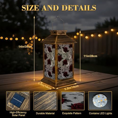 Solar Lantern Outdoor Garden Hanging Lantern Gothic Red Roses Crescent Moons Grey Waterproof Solar Powered Lighting Outside Table Lamp for Patio Deck Yard Camping - Image 2